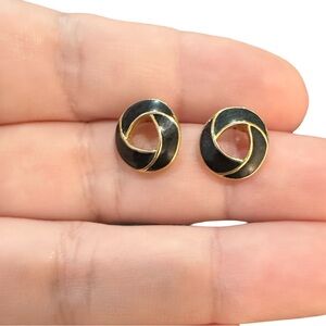 Vintage Signed Trifari Black Enamel Gold Tone Circular Earrings